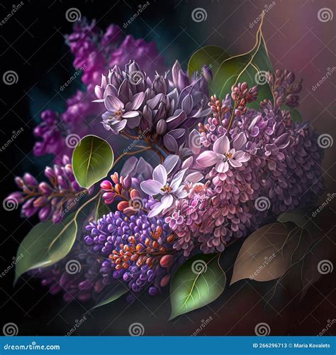 Lilac Flowers And Leaves Closeup Realistic Painting Stock Illustration