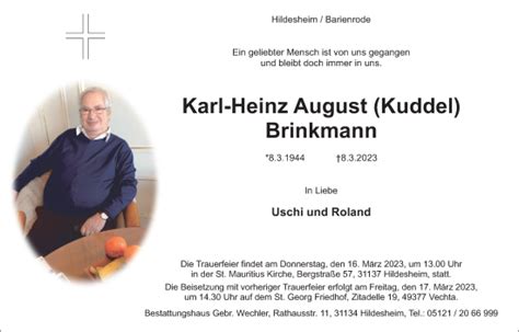 Traueranzeigen Von Karl Heinz August Brinkmann Om Trauer De