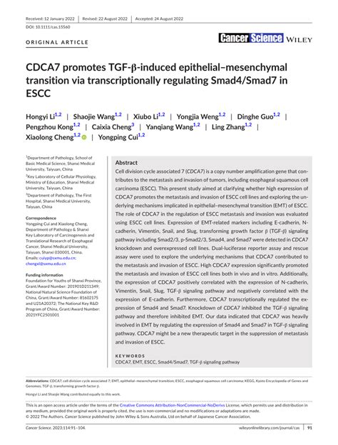 Pdf Cdca7 Promotes Tgf ‐β‐induced Epithelial‐mesenchymal Transition