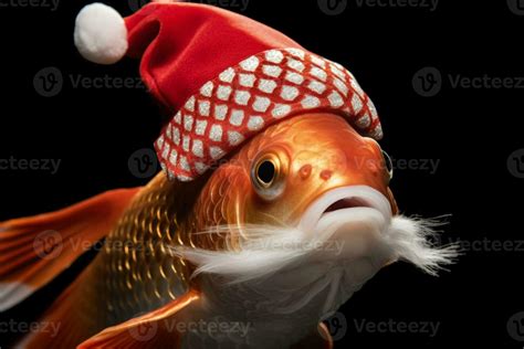 Christmas Koi Fish Wearing A Miniature Santas Hat Isolated On A