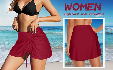 Plus Size Women Swim Skirt Drawstring Split Red High