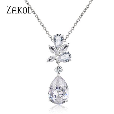 Zakol Fashion Water Drop Cubic Zirconia Pendant Necklace For Women