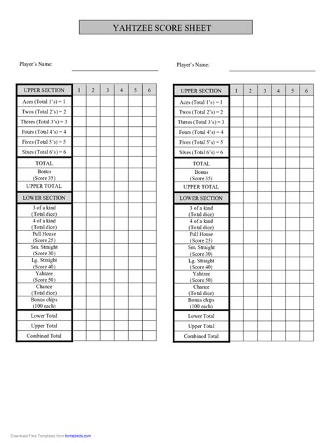 Yahtzee Score Sheet - 7 Free Templates in PDF, Word, Excel Download