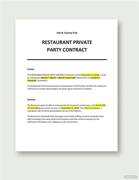 Restaurant Party Contract Template