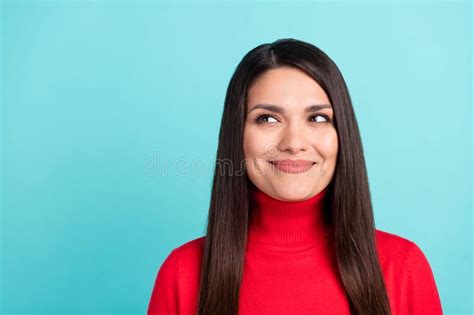 Photo Of Shiny Dreamy Mature Woman Wear Red Sweater Looking Empty Space
