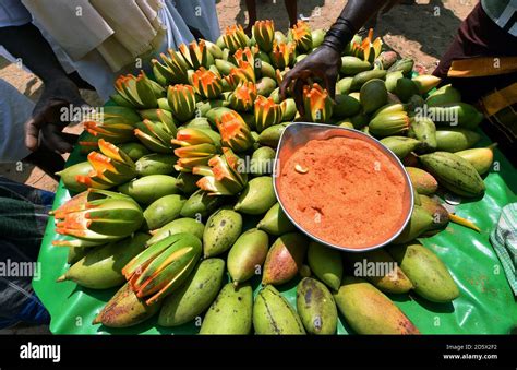 Raw Mango With Salt And Chilli Powder Street Food Ripe Mango With