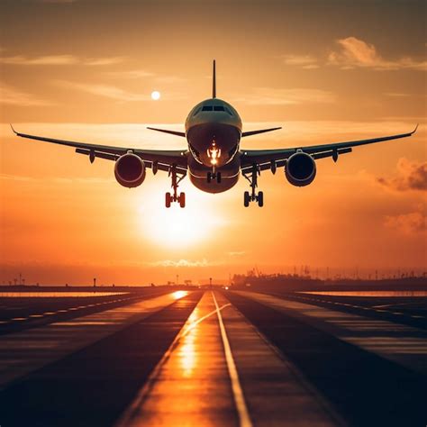 Avión despegando de la pista del aeropuerto al atardecer concepto de