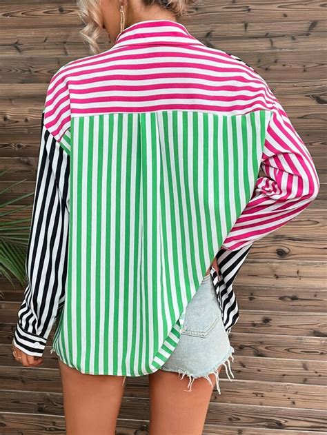 SHEIN VCAY Striped Print Drop Shoulder Shirt SHEIN USA