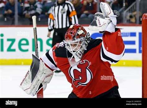 New Jersey Devils Goaltender Vitek Vanecek Makes A Save Against The