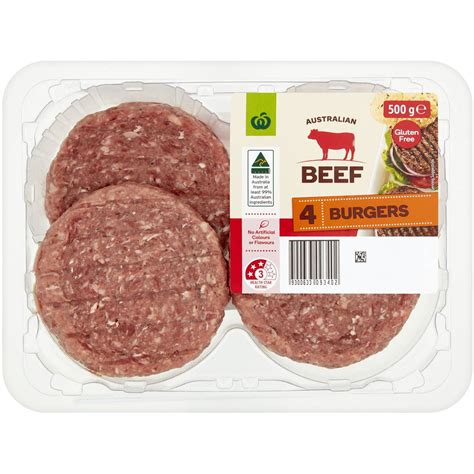 Woolworths Beef Burgers 500g 4 Pack Woolworths