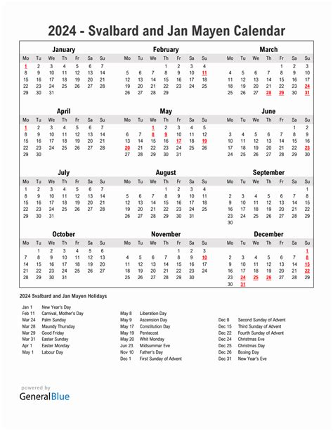 Year Simple Calendar With Holidays In Svalbard And Jan Mayen