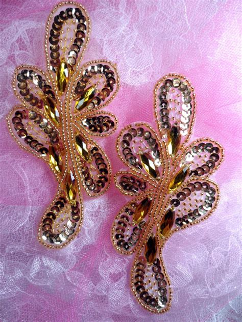 JB120 Appliques Gold Mirror Pair Sequin Beaded W Jewels Patch Etsy