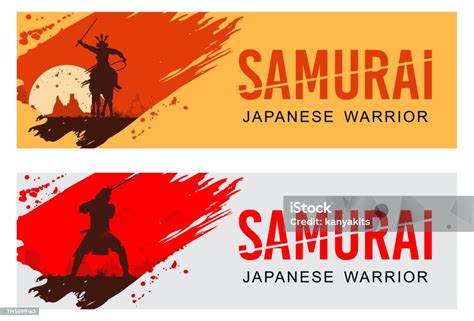 Siluet Prajurit Samurai Jepang Dengan Pedang Dan Kuda Berkuda Vector