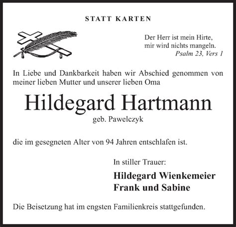 Traueranzeigen Von Hildegard Hartmann Trauermtde