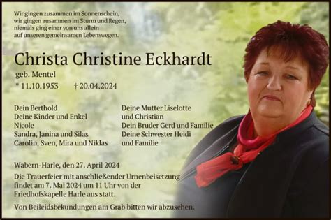 Traueranzeigen Von Christa Christine Eckhardt Trauer Hna De