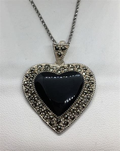 Vintage Jewelry Black Onyx Marcasite Heart Necklace Etsy Heart