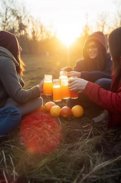 Tres Amigos Brindando Bebidas En Un Campo Al Atardecer Foto Premium