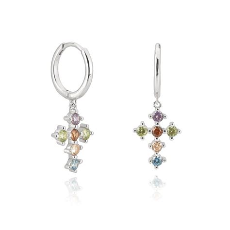 Silver Multicolor Crystal Cross Hoop Earrings Classy Women Collection