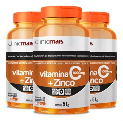 Kit 3 Vitamina C Zinco Clinicmais 850 mg 60 cápsulas MercadoLibre