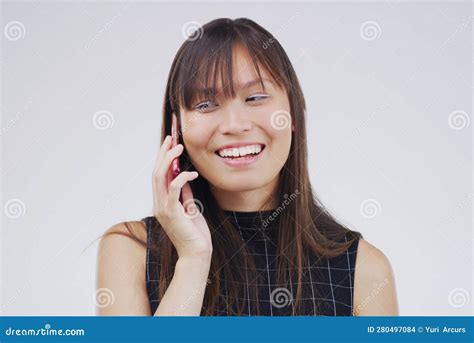 Phone Call Talking And Asian Woman In Studio Smile For Conversation