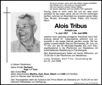 Traueranzeigen Von Alois Tribus Trauer Bz