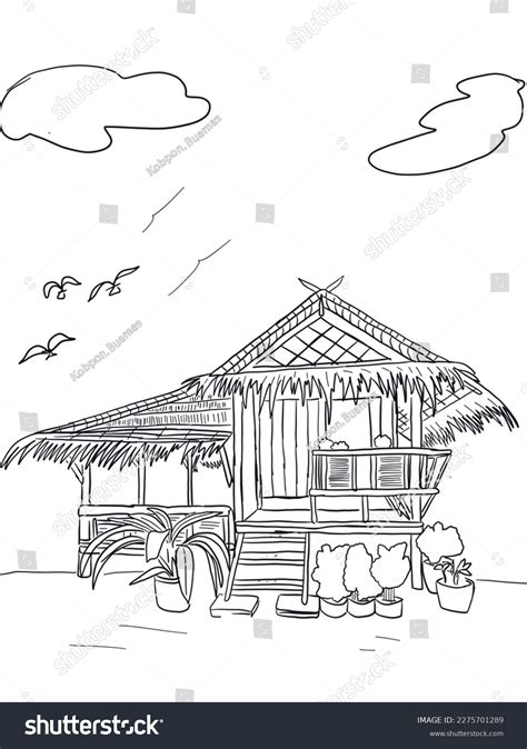 Graphic Black White Hut Drawing Colouring Stock Illustration