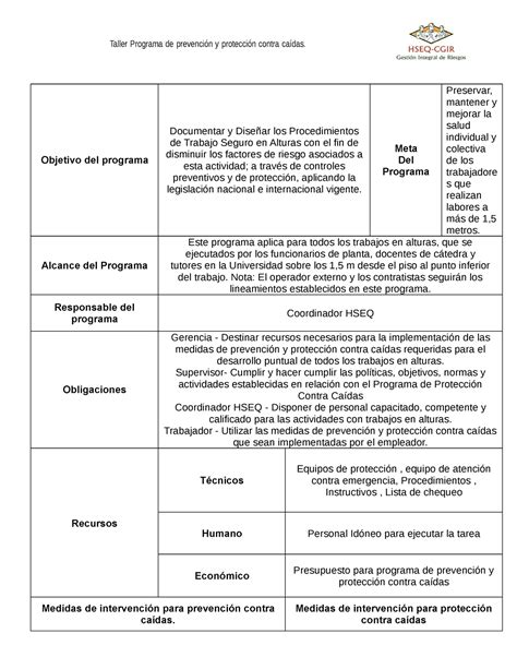 Taller De Programa De Prevencion Y Proteccion Contra Caidas Coord