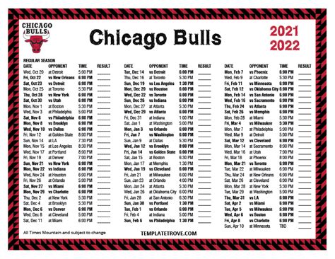 Printable 2021-2022 Chicago Bulls Schedule