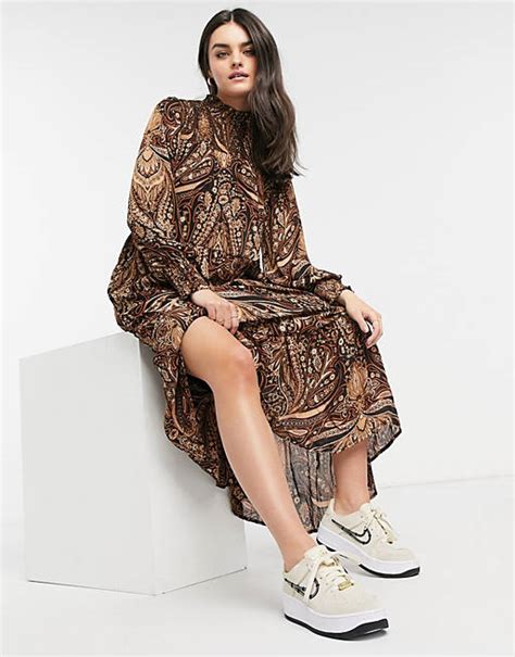 Vila High Neck Smock Dress With Tiered Skirt In Paisley Print Asos