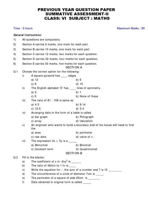 Previous Year Question Paper Summative Assessment Ii Class Vi Subject Maths Pdf Elementary