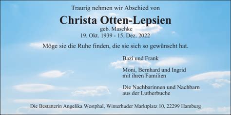 Traueranzeigen Von Christa Otten Lepsien Hamburgertrauer De