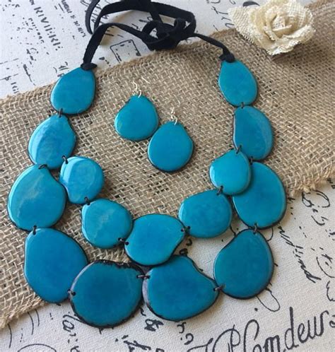 Tagua Nut Turquoise Double Strand Necklace And Earrings Set Galapagos