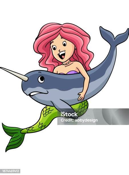 Mermaid And Hugging Narwhal Cartoon Clipart Stock Illustration