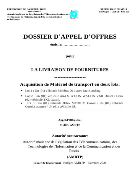 DOSSIER D APPEL D OFFRES STANDARD POUR L Doc Template PdfFiller