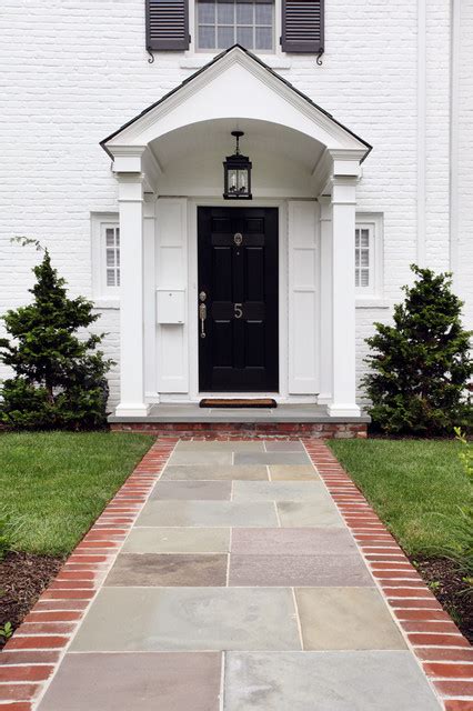 White Brick Colonial Portico Entry Transitional House Exterior