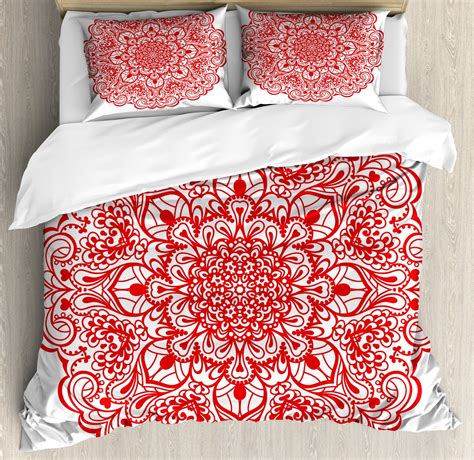 Mandala Duvet Cover Set Lace Inspired Motifs Flourishing Nature Theme Ornate Curves And Swirls