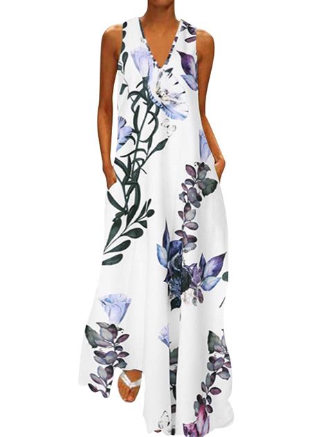 Plus Size Bohemia Dress For Women Sleeveless Floral Print Summer Sexy V Neck Long Maxi Dress