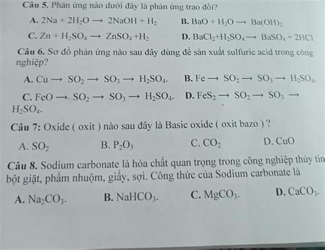 Câu 5 Phản ứng Nào Dưới đây Là Phản ứng Trao đối A 2na 2h O → 2naoh H2 B Bao H20 → Ba