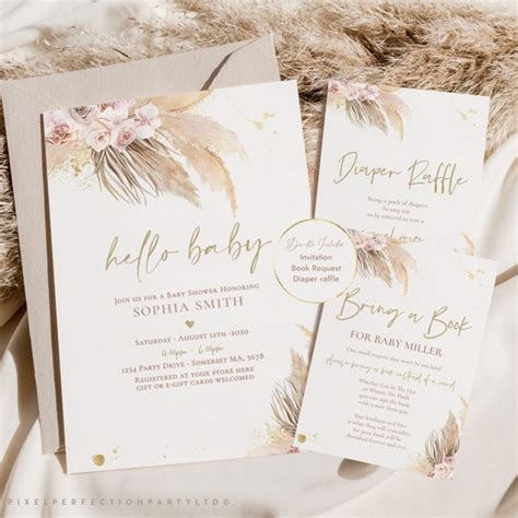 Boho Baby Shower Invitation Editable Pampas Grass Baby Shower