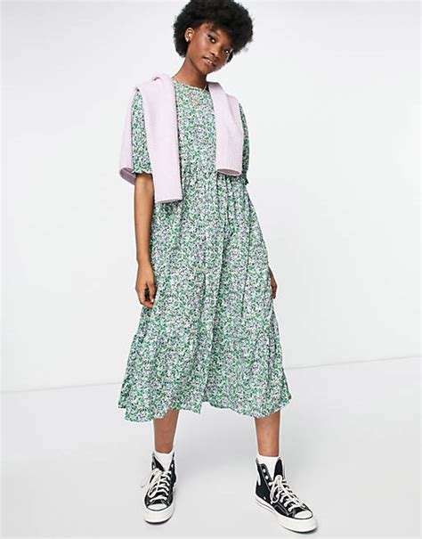 New Look Smock Midi Dress In Blue Ditsy Floral Asos