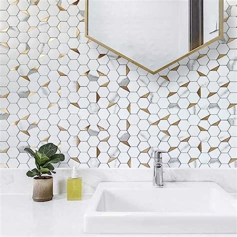 Dicofun Sheet Hexagon Tile Peel And Stick Backsplash White Marble