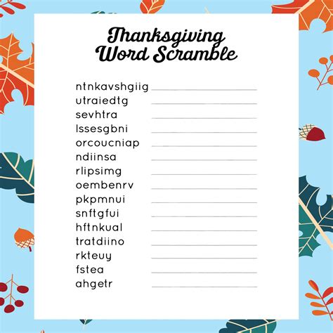 Thanksgiving Word Scramble Pdf