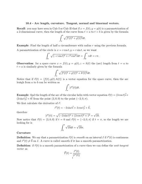 Arc Length Curvature Tangent Normal And Binormal Vectors Arc