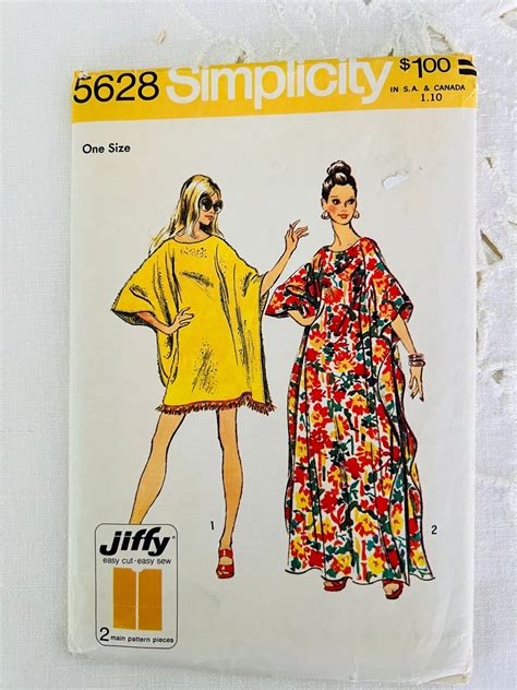 Simplicity 5628 Simple To Sew Jiffy Caftan In 2 Lengths Misses One Size Retro 70s Fashion