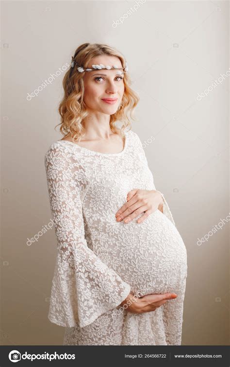 Portrait Smiling White Caucasian Blonde Pregnant Woman White Lacy Dress