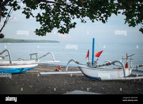 Aerial View Of Amed Beach In Bali Indonesia Traditional Fishing Boats