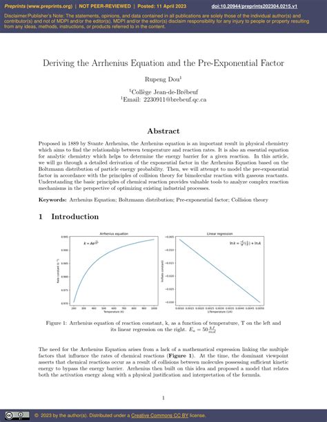 Pdf Deriving The Arrhenius Equation And The Pre Exponential Factor