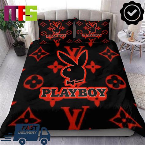 Louis Vuitton X Playboy Red Logo Pattern In Black Background Luxury Bedding Set Masteez