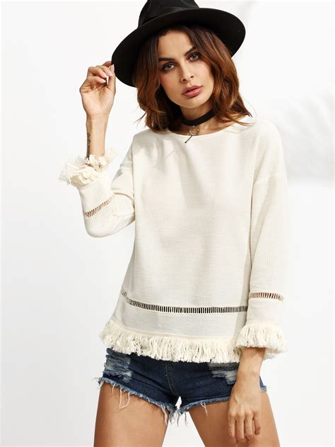 Eyelet Crochet Insert Fringe Trim Top Shein Sheinside