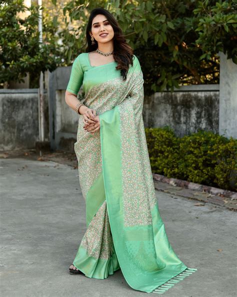 Pista Green Color Banarasi Silk Saree With Digital Printed Work